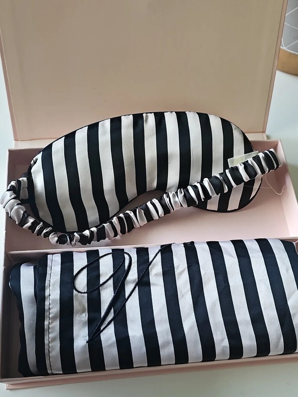 Victoria Secret Striped Black & White Satin Sleep Mask and Pouch Set
